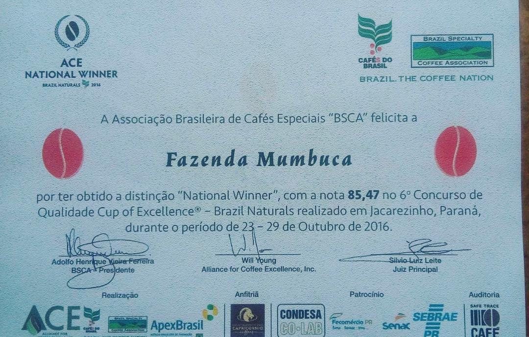 Certificado National Winner Cup of Excellence 2016